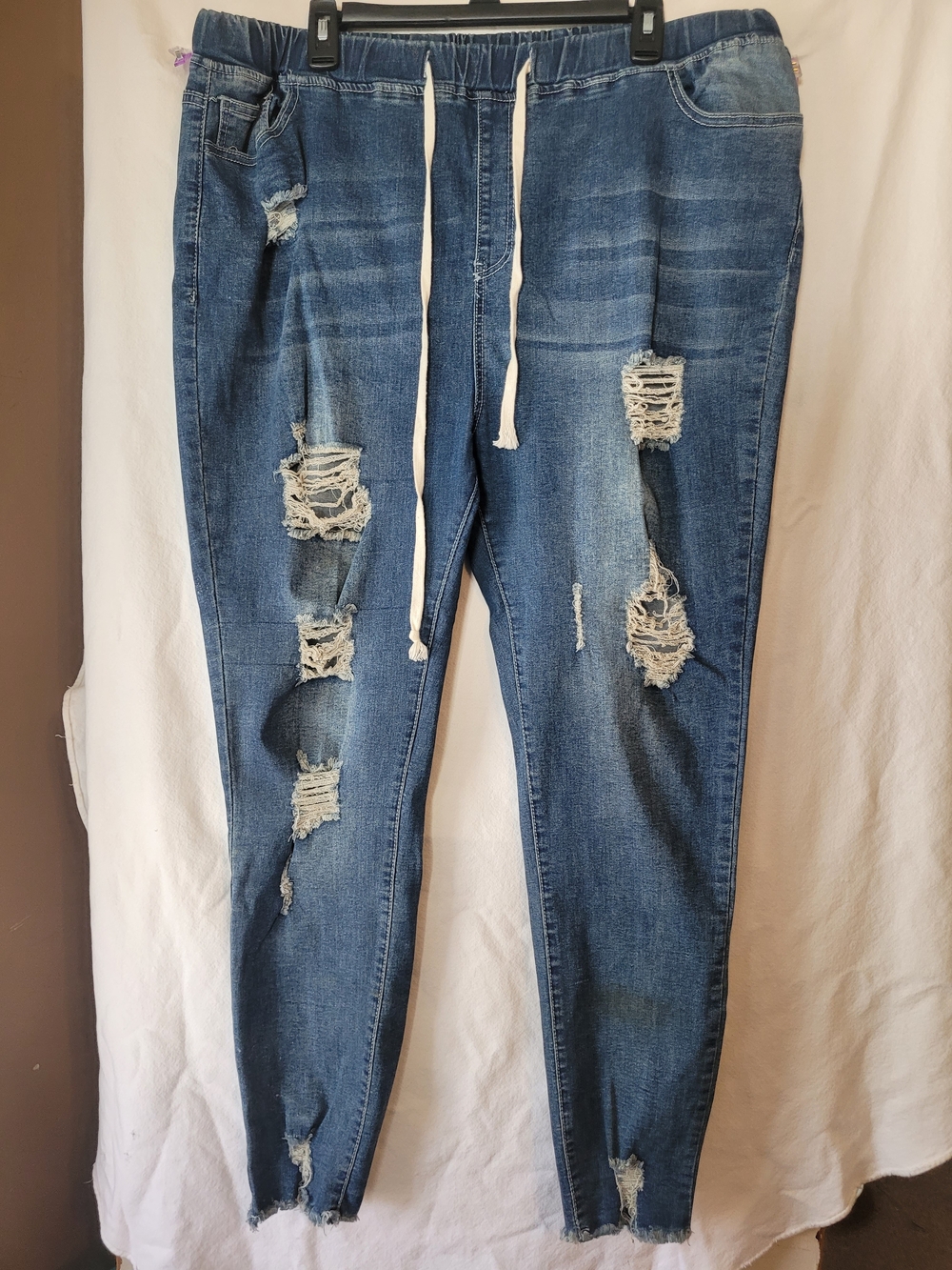 Women's Blue Distressed Drawstring Jeans